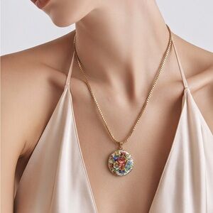 Monet Floral Pendant Necklace Gold Tone  Cottagecore Enamel Style 9” Drop